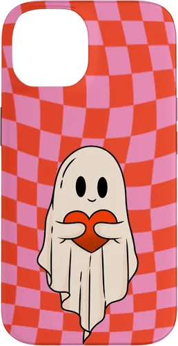 Vista 4 de Funda para iPhone 17 de San Valentín Retro Ghost Hugging Heart Checkerboard Rosa Rojo