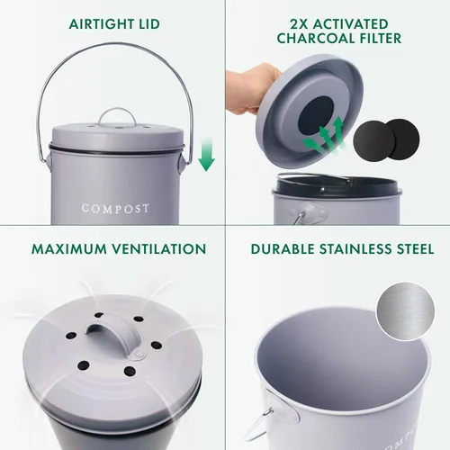 Vista 5 de FINESSY - Cubo de compost interior sin olor para cocina con tapa para compostar residuos de alimentos, cubo de compost de cocina de acero inoxidable