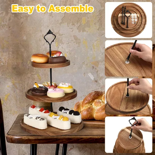 Vista 3 de Zopeal Juego de 3 soportes de madera para cupcakes de 3 niveles, bandeja de madera rústica para servir postres de granja, soporte para torre