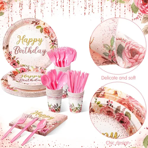 Vista 3 de Roshtia 175 piezas de suministros florales para fiesta, sirven a 25 invitados, juegos de vajilla de rosa de feliz cumpleaños para adultos y mujeres