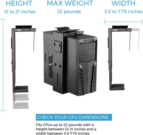 Vista 2 de HumanCentric Soporte ajustable para computadora debajo del escritorio y montaje en pared, soporte para CPU se adapta a la mayoría de fundas de PC