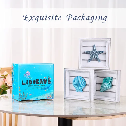 Vista 4 de LODOCAVE - Decoración 3D de pared de playa con diseño de conchas y estrellas de mar, 6.3 x 6.3 pulgadas Beach Theme Room & Beach House Decor