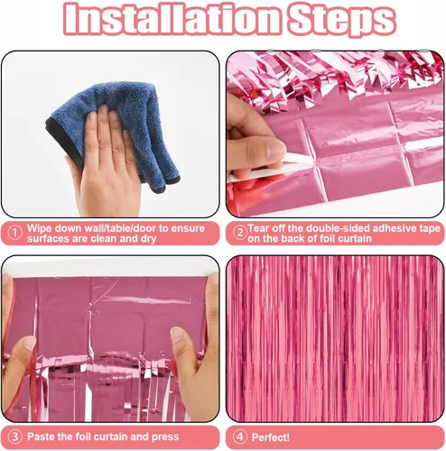 Vista 4 de Paquete de 2 cortinas de flecos de papel de oropel metálico rosa para fiestas, telón de fondo de fotos, serpentinas para cumpleaños, graduación, Año
