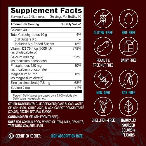 Vista 6 de YumVs - Gomitas de calcio, magnesio, zinc y vitamina D Suplemento masticable para adultos, mujeres y hombres, gomitas halales kosher gomitas