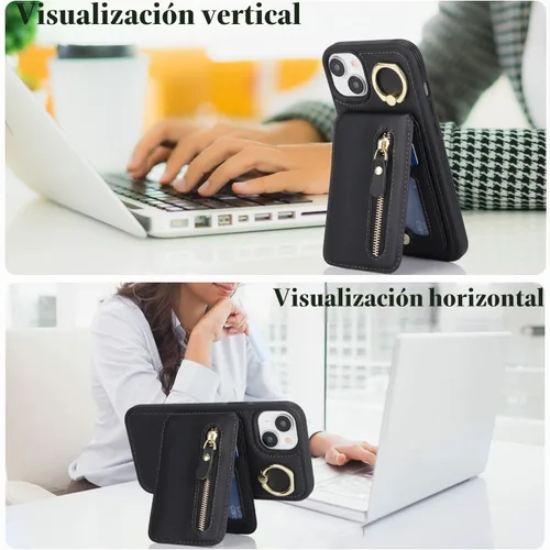 Vista 4 de para iPhone 14 Funda con soporte magnético Magsafe compatible, llavero de cuero PU plegable con soporte desmontable, funda tipo cartera 2-en-1