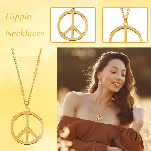 Vista 4 de Peace Sign Necklace Earrings Set for Women Hippie Costume Accessories 60s 70s Jewelry Outfits Halloween Party Favors