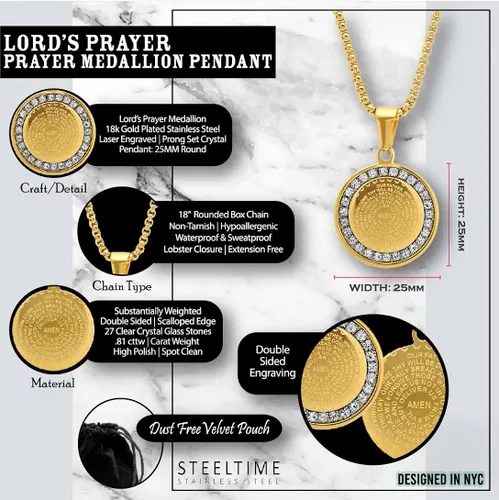 Vista 3 de Steeltime Stainless Steel Lords Prayer Necklace with Simulated Diamonds