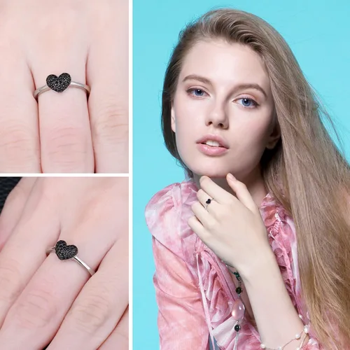 Vista 5 de JewelryPalace Love Heart - Anillos de espinela negra genuina para ella, oro blanco de 14 quilates, plata de ley 925, anillo de promesa para mujer