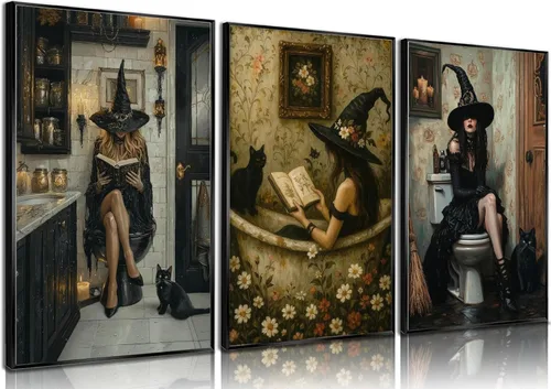 Vista 11 de NBYARTQ Pósteres de Fantasmas de Halloween Arte de Pared Juego de 3 Impresiones de Terror Espeluznante Academia Oscura Fantasma y Gato Negro