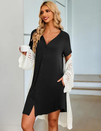 Vista 2 de Ekouaer Camisón de manga corta con botones para mujer, cuello en V, suave, pijama con bolsillos