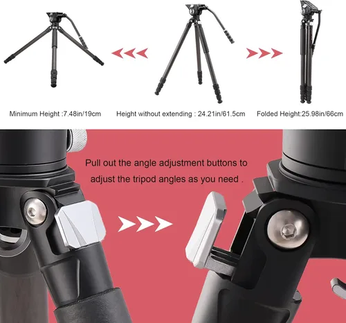 Vista 6 de Trípode de fibra de carbono con cabezal fluido, trípode de cámara de video resistente para carga de cámara DSLR de hasta 33 libras, adecuado