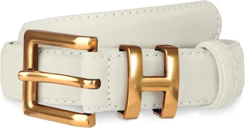 Vista 189 de Cinturón de cuero clásico con hebilla de metal para mujer con vestido de jeans