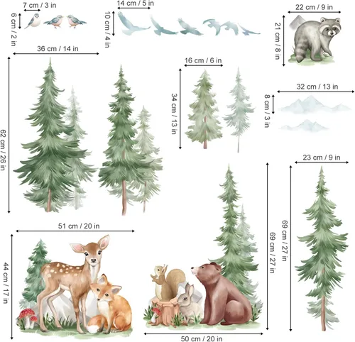 Vista 4 de Wondever Adhesivos de pared de árbol de montaña, árbol grande de pino, pegatinas de pared de arte con animales del bosque, oso, zorro, quitar