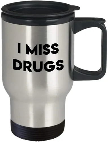Vista 2 de SpreadPassion Taza de viaje con texto en inglés "I miss drugs" (I miss drugs), divertido vaso aislante, idea de regalo