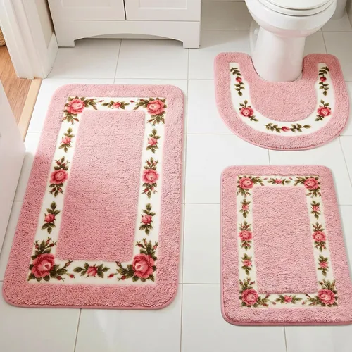Vista 10 de Drydiet Juego de 3 alfombras de baño con rosas y flores coquetas, decoración floral para baño, dormitorio, sala de estar, tapete de baño floral Azul