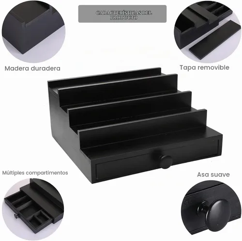 Vista 5 de 4 Tier Men's Cologne Organizer, Black Wooden Display Stand with Drawer Negro-4 niveles