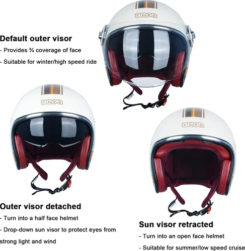 Vista 3 de Casco de motocicleta de cara abierta para adultos, aprobado por DOT, casco vintage 3/4 medio Vespa con doble visera para hombres y mujeres