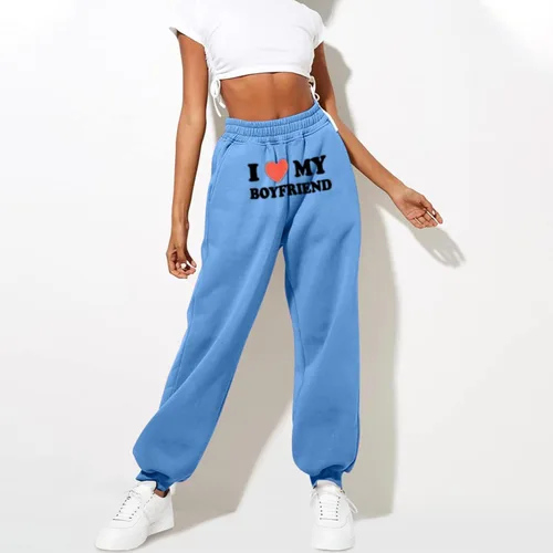 Vista 2 de I Love My Boyfriend - Pantalones deportivos para mujer, de cintura alta, casuales, holgados, con cintura elástica, pantalones de forro polar