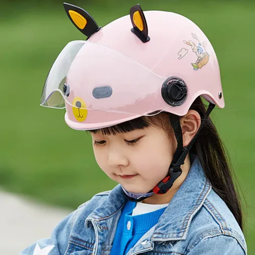 Vista 3 de Lindo casco de motocicleta para niños con orejas de gato, casco ultrafino de media cáscara para motocicleta, casco abierto para motociclista, casco