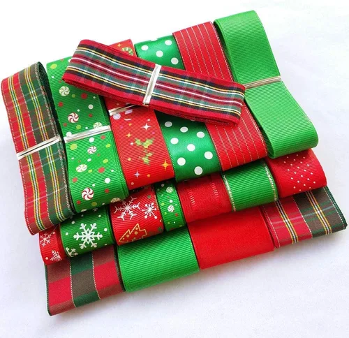 Vista 2 de Cinta de grogrén de satén de Navidad de 18 yardas al azar, para manualidades, para embalaje, accesorio para el pelo (Navidad)