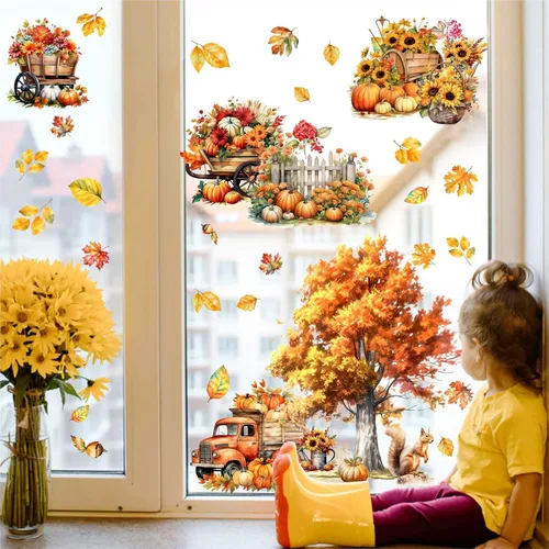 Vista 4 de Calcomanías de pared de árbol de arce, calcomanías de pared de otoño con hojas de otoño, calcomanías de pared de hojas de árbol amarillo