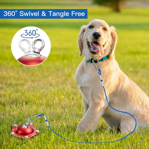 Vista 4 de Cable de amarre para perros y estaca para acampar al aire libre, anclaje giratorio de 360°, con cable resistente de 20 pies, el corredor de perro