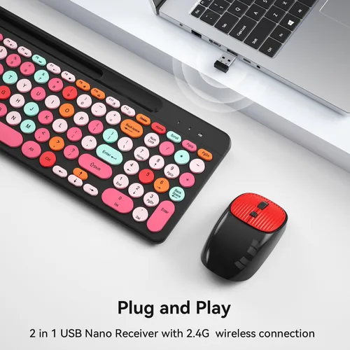 Vista 2 de Combo de teclado y mouse inalámbricos estilo máquina de escribir retro con teclas redondas, teclado inalámbrico USB compacto de 2.4GHz bonito