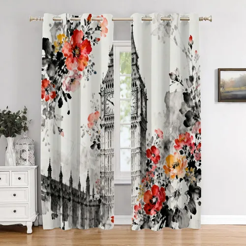 Vista 24 de Cortinas opacas de cocina con pintura al óleo de Europa rosa y negra para ventanas, cenefas opacas modernas de torre Eiffel de poliéster multicapa
