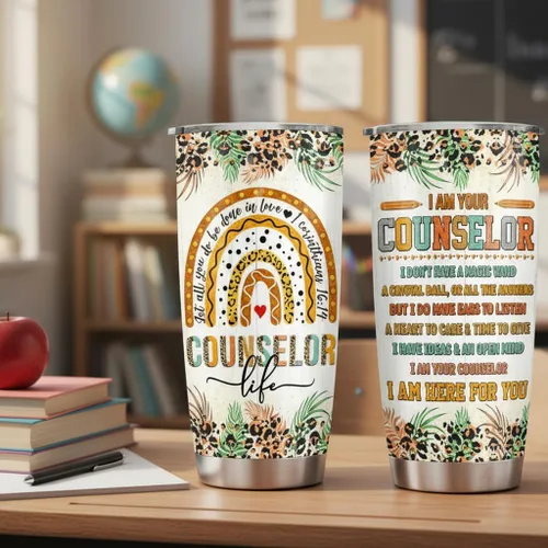 Vista 5 de 4LIEUBASMI Vaso de 20 onzas para consejero escolar, semana de agradecimiento al consejero, moderno multicolor con estampado de letras de arco iris