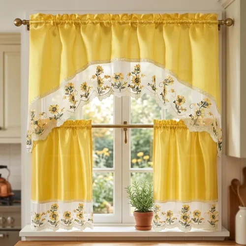 Vista 17 de YHSF Set de cortinas de cocina de 3 piezas con cenefa - Juego de cortinas de ventana de 2 niveles y cenefa con diseño de bolsillo para barra