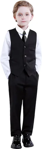 Vista 2 de Traje para niños pequeños de 4 piezas, traje de esmoquin de boda, chaleco y pantalones