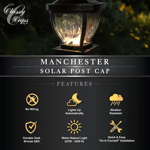 Vista 7 de Classy Caps Manchester - Tapa solar para poste, modelo SL994, 3.5 x 3.5 pulgadas, bronce oscuro, alto rendimiento, eficiencia energética, resistente
