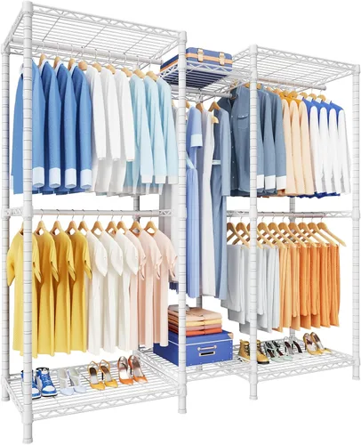 Vista 8 de Ulif E12 - Perchero independiente resistente con estantes, sistema de almacenamiento de ropa de metal para colgar ropa, 57.1 pulgadas de ancho x 16