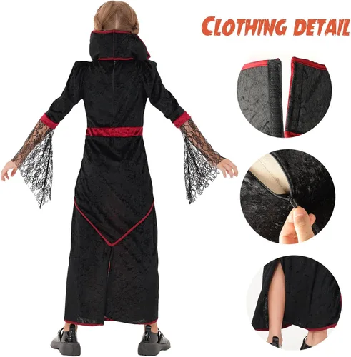 Vista 6 de JaosWish Disfraz de vampiro para niñas, disfraz de Halloween para niños, fiesta de disfraces, cosplay, reina de vampiro victoriana gótica real
