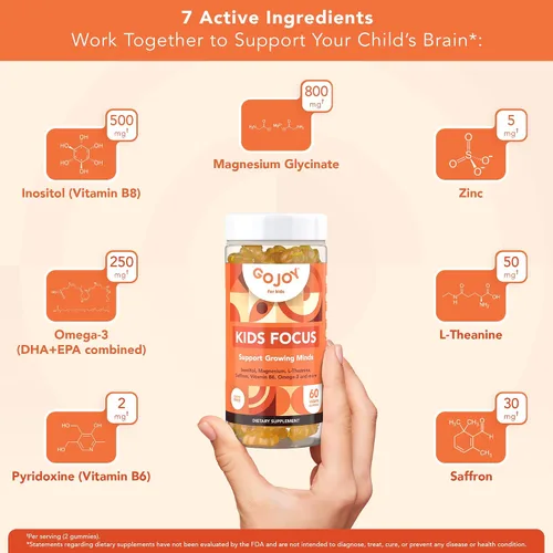 Vista 5 de GOJOY NATURALS Gomitas de atención para niños - Suplemento de 7 en 1 para la atención y el enfoque para niños y adolescentes con extracto