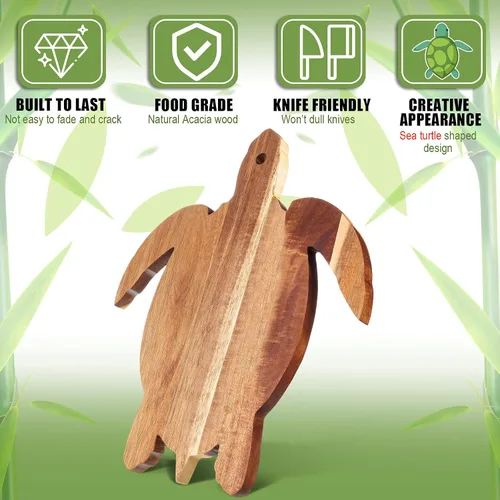 Vista 2 de Tabla de cortar de madera de acacia con tortugas marinas, tabla de pan de madera de 14 x 12 pulgadas, plato de queso para servir charcutería