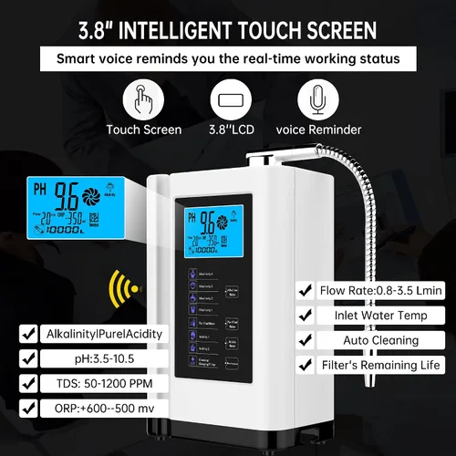 Vista 6 de Ionizador de agua, máquina purificadora de agua PH 3.5-10.5 Máquina de agua de ácido alcalino, hasta -500mV ORP, 8000 litros por filtro, 7 ajustes
