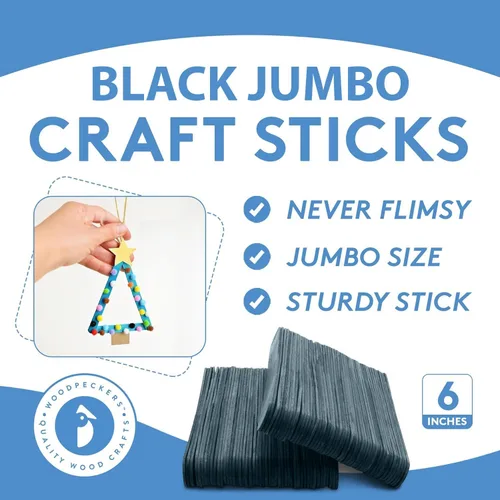 Vista 3 de Palitos negros para manualidades, palitos negros grandes, paquete de 100, cada palo de 6 pulgadas de largo x 3/4 pulgadas de ancho, por Woodpeckers