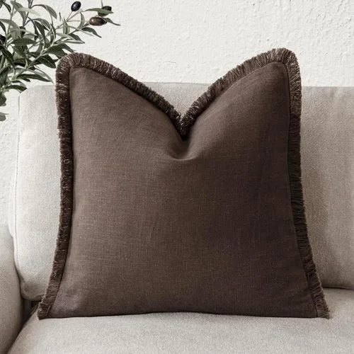 Vista 34 de Foindtower Fundas de almohada decorativas de lino con flecos, acogedora funda de cojín bohemia estilo farmhouse con borlas, funda de almohada