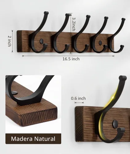 Vista 2 de Optish Perchero para colgar en la pared, ganchos de madera de 16.5 pulgadas, ganchos de pared para colgar, perchero para colgar sombreros, bolsos