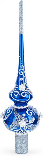 Vista 2 de Decoración para árbol de Navidad de cristal azul con remolinos plateados