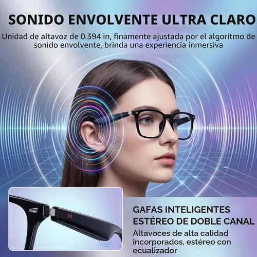 Vista 2 de Gafas inteligentes AI con traducción de 164 idiomas y audio Negro