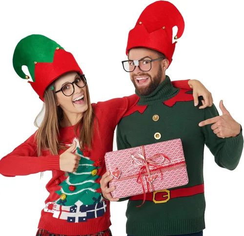 Vista 4 de SATINIOR 6 Piezas Sombreros de Fieltro de Elfo de Navidad Xmas Sombreros de Elfo de Santa Rojo y Verde con Campanas para Niños Adultos Regalos