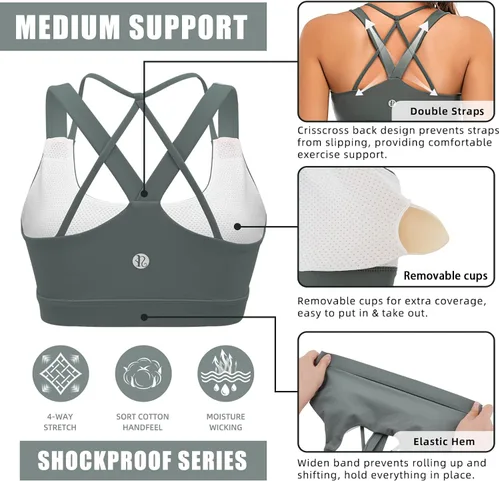 Vista 5 de Running Girl - sujetador deportivo para mujer, con tirantes acolchados y espalda cruzada, para yoga, de soporte mediano y con copas extraíbles