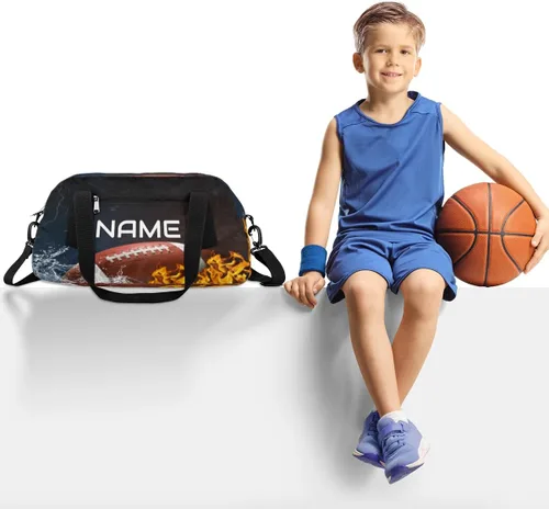 Vista 2 de Bolsa de lona personalizada para niños, fútbol americano de fuego, bolsa de gimnasio personalizada para adolescentes, niños y niñas, impermeable