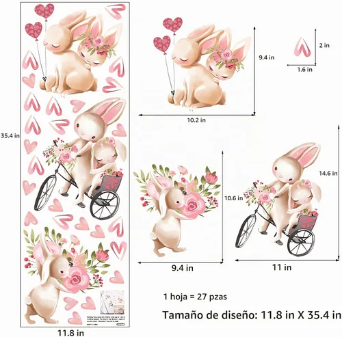 Vista 3 de Calcomanías de pared con bonito diseño de conejo rosa, diseño de conejito rosa, diseño de animales de dibujos animados, calcomanías de pared