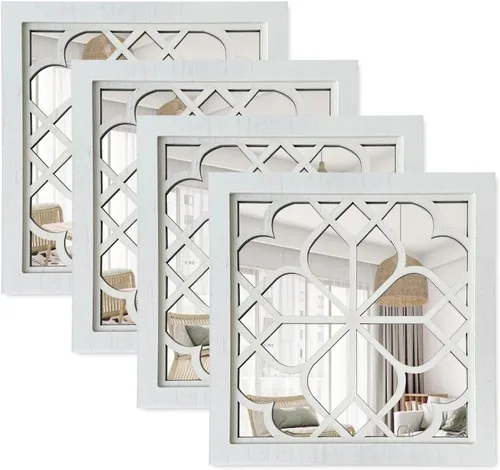 Vista 13 de ZEXUIRU 2 piezas de espejo de pared arqueado para ventana, espejo de acento rústico de granja, espejo de entrada con marco de madera para sala