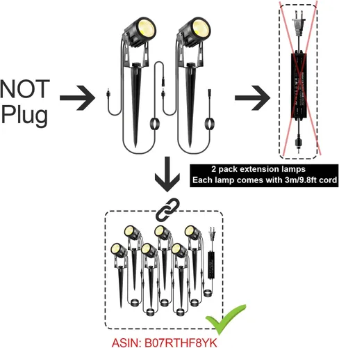 Vista 2 de Paquete de 2 luces de extensión cada una con cables de 9.84 pies para luces blancas cálidas de paisaje, sin enchufe/adaptador