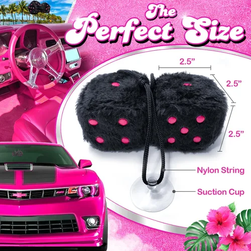 Vista 3 de Dados Peludos Negros Accesorios para Automóvil – Accesorios de Coche de Felpa Rosa Lindos para Interior – Adornos Decorativos Colgantes de Felpa