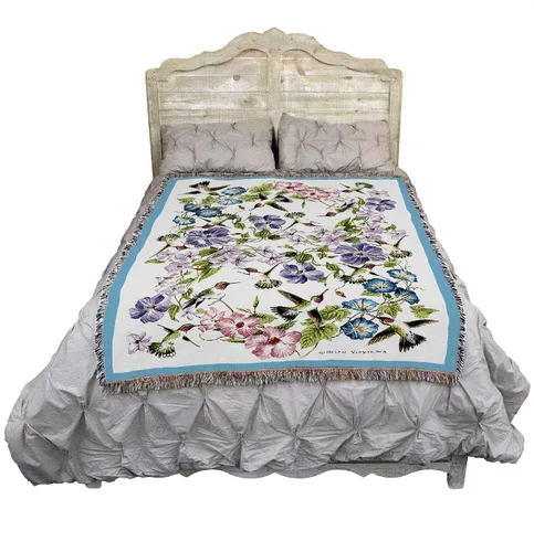Vista 2 de Pure Country Weavers Manta de colibríes por Elena Vladykina – Tapiz de regalo floral de jardín de pájaros, manta tejida de algodón, fabricada